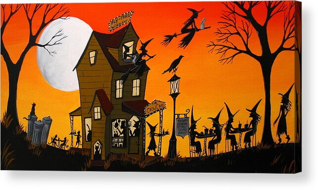 Art Acrylic Print featuring the painting The Crow Cafe - Halloween witch cat folk art by Debbie Criswell