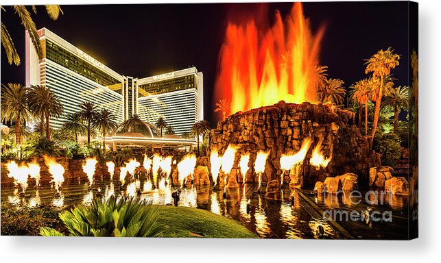 The Mirage Acrylic Print featuring the photograph The Mirage Casino and Volcano at Night by Aloha Art