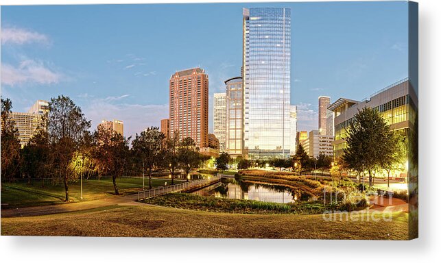 Downtown Acrylic Print featuring the photograph Twilight Panorama of Downtown Houston Skyline from Discovery Green Urban Park - Houston Texas by Silvio Ligutti