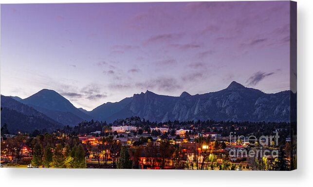 Estes Acrylic Print featuring the photograph Twilight Panorama of Estes Park, Stanley Hotel, Castle Mountain and Lumpy Ridge - Rocky Mountains by Silvio Ligutti