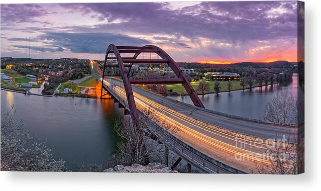 Percy Acrylic Print featuring the photograph Twilight Panorama of PennyBacker Bridge 360 over Lake Austin - Texas Hill Country by Silvio Ligutti