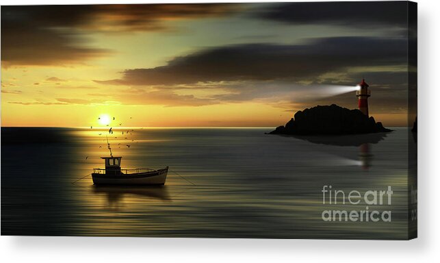 Sea Acrylic Print featuring the digital art When The Sun Goes Down by Monika Juengling