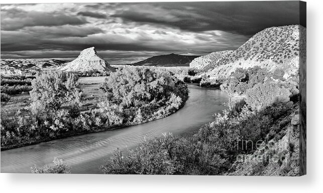 Rio Chama Acrylic Print featuring the photograph Black and White Photograph of the Rio Chama and Cerrito Blanco in Abiquiu - Rio Arriba New Mexico by Silvio Ligutti