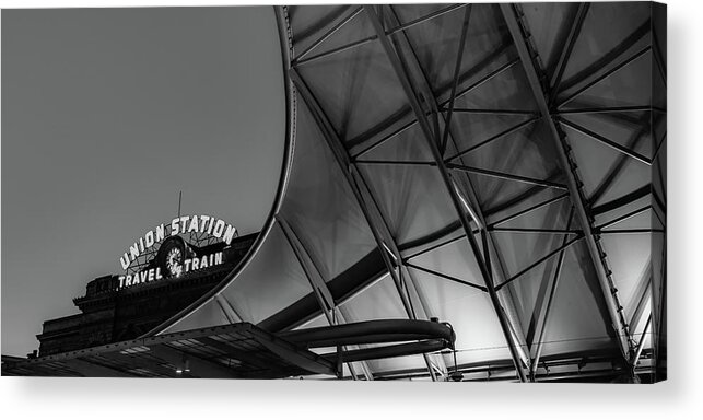 America Acrylic Print featuring the photograph Denver Colorado Union Station Neon Panorama - Black and White by Gregory Ballos