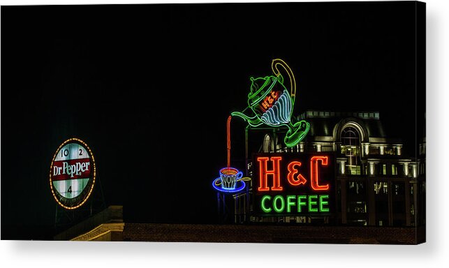 Neon Sign Acrylic Print featuring the photograph H C Coffee sign and Dr Pepper Roanoke virginia by Julieta Belmont