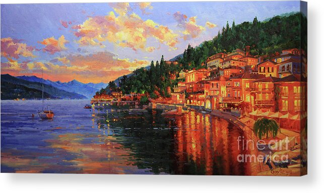 Italy Lake Como Bellagio Sunset Lake Lakecomo Sunset Dusk Sky Clouds Village Water Photographs Lake Como Original Italy Oil Painting Bellagio Sunset Lake Alps Lago Como Sky Clouds Buildings City Town Village Water Wall Art Framed Prints Old Village Paintings Landscape Cityscape Scenic Romantic Tuscany Oil Landscape Poppy Olive Village Chianti Wall Art Posters Tuscany Old Village Paintings Landscape Cityscape Scenic Romantic Europe European Artist Gary Kim Canvas Original Oil Painting Art Acrylic Print featuring the painting Lake Como Sunset by Gary Kim