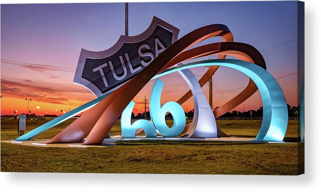 America Acrylic Print featuring the photograph Tulsa Oklahoma Route 66 Rising Sculpture Panorama at Dawn by Gregory Ballos