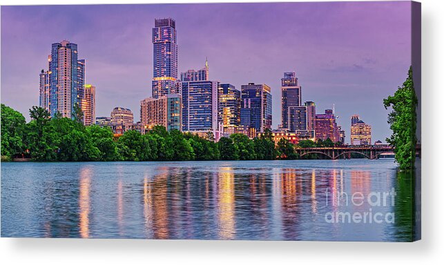 Downtown Austin Acrylic Print featuring the photograph Twilight Panorama of Downtown Austin Skyline and Lady Bird Lake - Austin Texas Hill Country by Silvio Ligutti