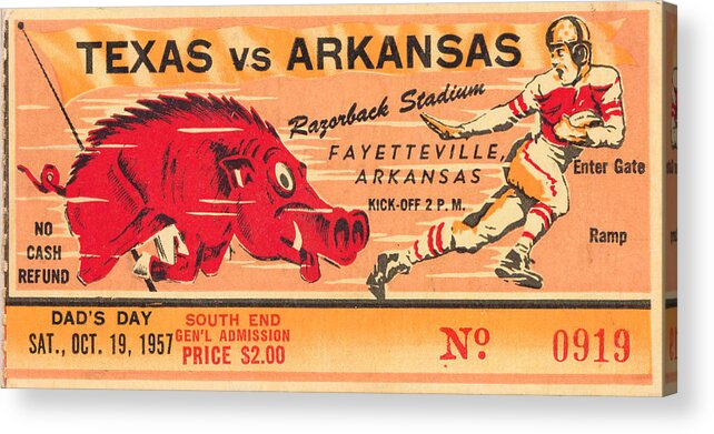 Arkansas Football Acrylic Print featuring the mixed media 1957 Arkansas vs. Texas by Row One Brand