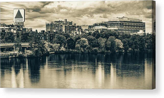 Boston Skyline Acrylic Print featuring the photograph Boston's Citgo Sign Over The Charles River Panorama In Sepia by Gregory Ballos