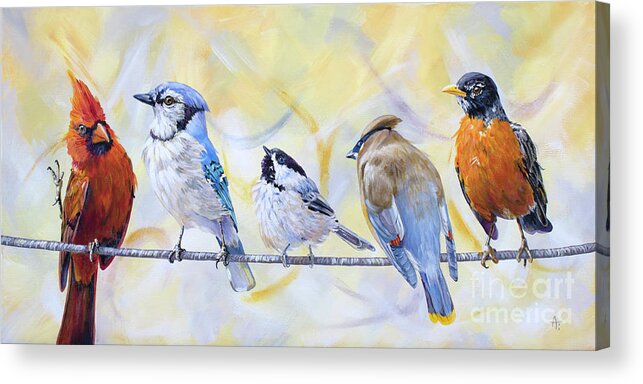 Birds Acrylic Print featuring the painting Chatting Online by Annie Troe
