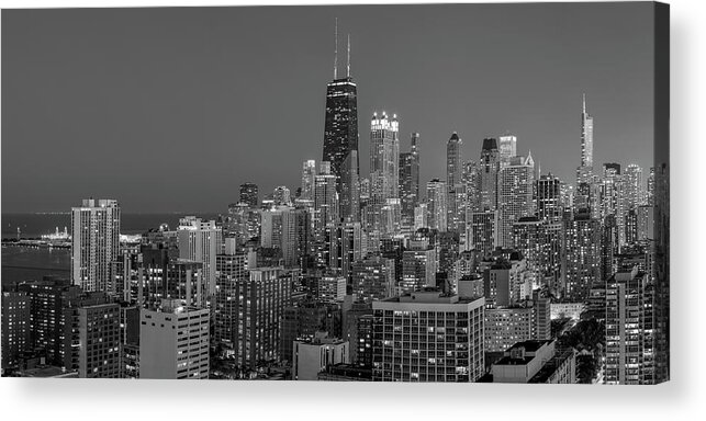 3scape Acrylic Print featuring the photograph Chicago's Streeterville at Dusk Panoramic BW by Adam Romanowicz