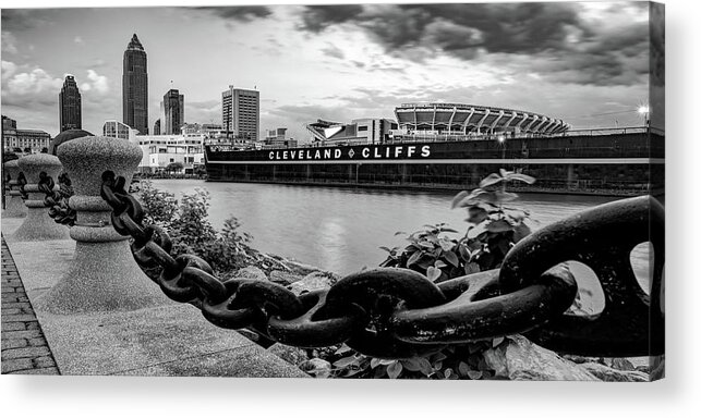 Cleveland Ohio Acrylic Print featuring the photograph Cleveland Ohio Lakefront Panorama - Black and White by Gregory Ballos