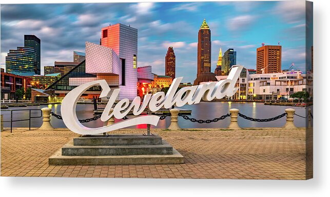 Cleveland Skyline Acrylic Print featuring the photograph Cleveland Ohio Skyline Panorama at Dawn by Gregory Ballos