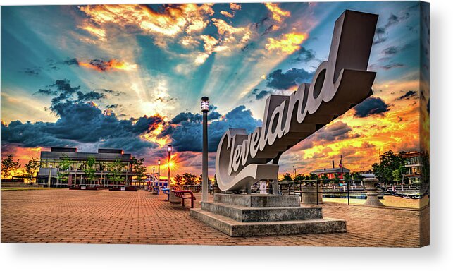 America Acrylic Print featuring the photograph Cleveland Script Sign Sunrise Panorama On North Coast Harbor by Gregory Ballos