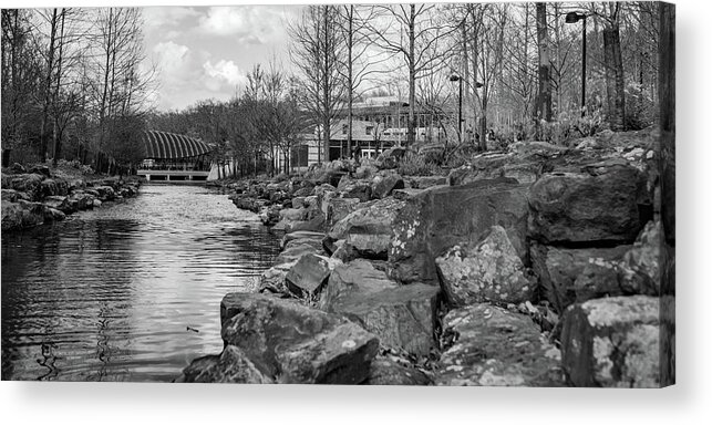 Crystal Bridges Acrylic Print featuring the photograph Crystal Bridges Museum Riverscape Panorama In Black and White by Gregory Ballos