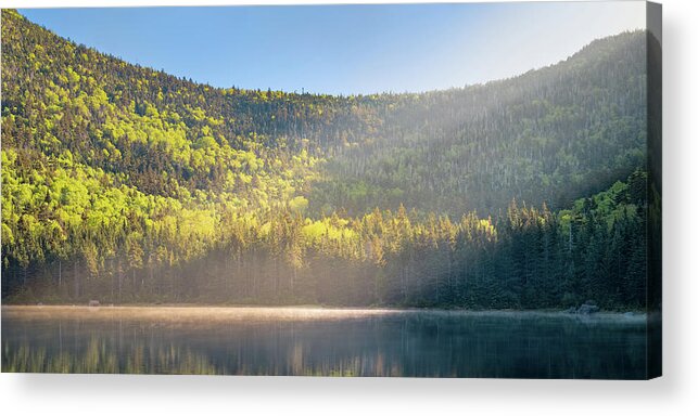 Mountain Acrylic Print featuring the photograph Early Morning Shaft of Sunlight Shines Down on East Pond Panoramic by William Dickman