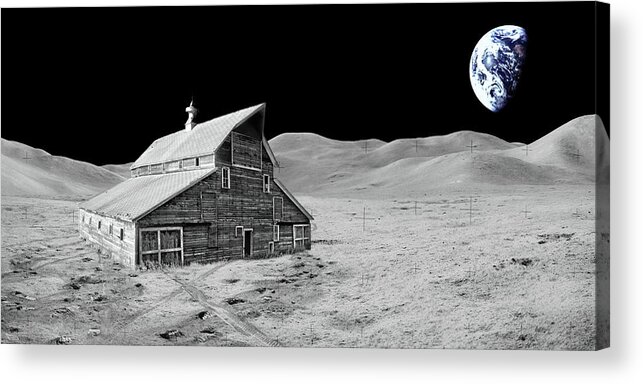 Apollo Acrylic Print featuring the photograph Earthrise over a Dakota Moonstead - ND barn relocated to Apollo 15 landing site on moon by Peter Herman