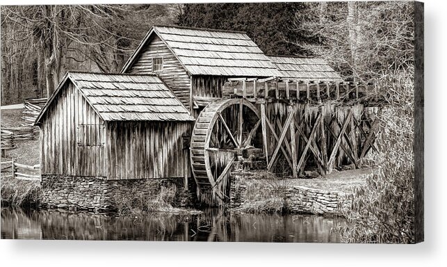 America Acrylic Print featuring the photograph Frozen Mabry Mill Sepia Panorama - Virginia Blue Ridge Parkway by Gregory Ballos