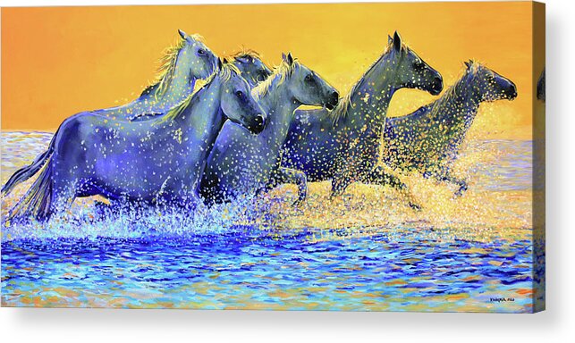 Horses Acrylic Print featuring the painting Horses Running the Beach at Sunset by Karl Wagner