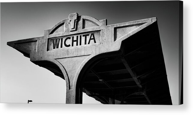 Wichita Kansas Acrylic Print featuring the photograph Iconic Wichita Kansas Union Station Architectural Panorama in Black and White by Gregory Ballos