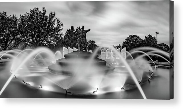 Kansas City Acrylic Print featuring the photograph KC Firefighter Fountain Panorama - Black and White by Gregory Ballos