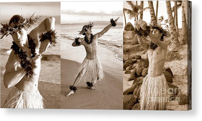 Beach Acrylic Print featuring the photograph 3 Photo Montage of Male Hawaiian Hula Dancer. by Gunther Allen