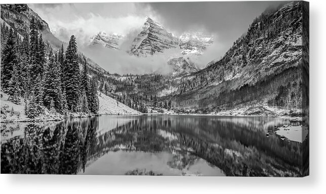 Aspen Colorado Acrylic Print featuring the photograph Maroon Bells Peaks Through Morning Clouds Panorama - Black and White by Gregory Ballos