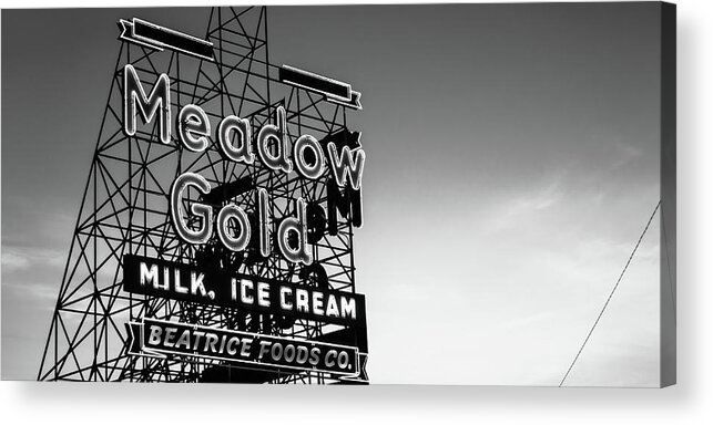 Tulsa Meadow Gold Neon Acrylic Print featuring the photograph Meadow Gold Neon Panorama Along Tulsa's Route 66 - Black and White by Gregory Ballos