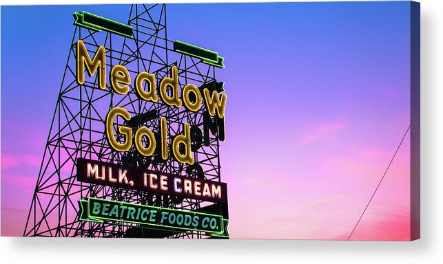 Tulsa Meadow Gold Neon Acrylic Print featuring the photograph Meadow Gold Neon Panorama Along Tulsa's Route 66 by Gregory Ballos
