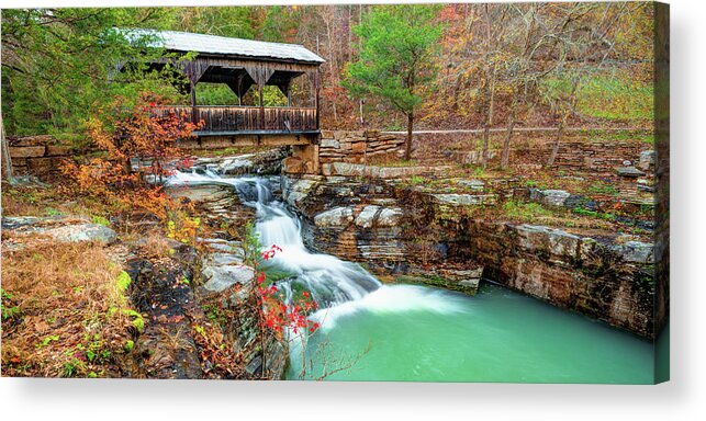 Ponca Bridge Falls Acrylic Print featuring the photograph Ponca Arkansas Covered Bridge Falls in Autumn Panorama by Gregory Ballos