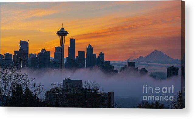 Seattle Acrylic Print featuring the photograph Sunrise Seattle Skyline Above the Fog by Mike Reid