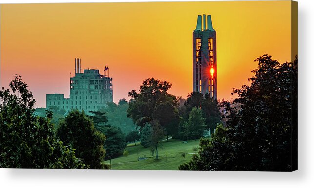 University Of Kansas Acrylic Print featuring the photograph The Campanile Tower on Mt. Oread Over Kaw Valley Panorama - University of Kansas by Gregory Ballos