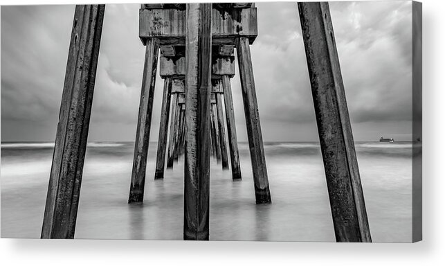 Panama City Beach Acrylic Print featuring the photograph Under The Russell Fields Pier Panorama - Panama City Beach Monochrome by Gregory Ballos