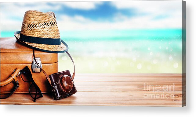 Summer Acrylic Print featuring the photograph Vintage suitcase, sunglasses and hipster hat wooden deck by Jelena Jovanovic