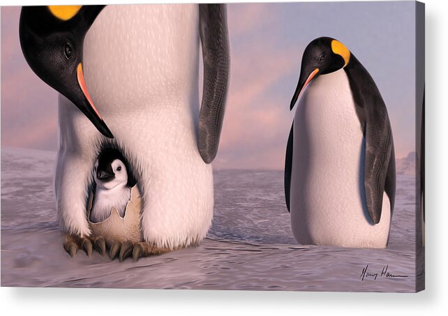 Penguin Acrylic Print featuring the painting A New Family is Born by Gary Hanna