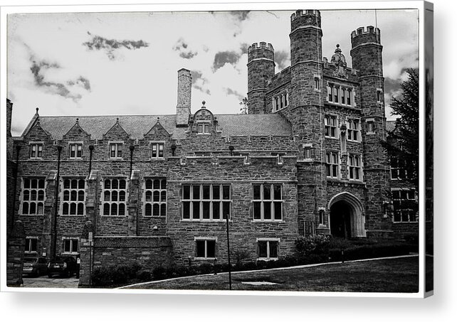 Rockefeller Hall Acrylic Print featuring the photograph Rockefeller Hall - Bryn Mawr in black and white by Georgia Clare