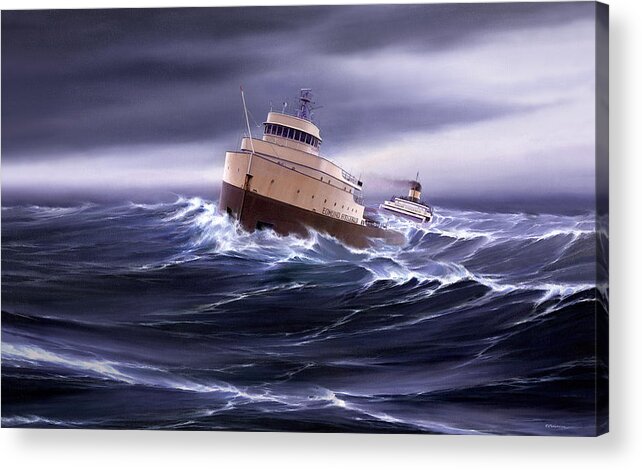 Transportation. Edmund Fitzgerald. Lake Superior. Marine Art. Great Lakes. Lake Superior Shipwrecks. Edmund Fitzgerald Canvas Prints. Captain Bud Robinson. Heavy Weather. Ships In Storms. Freighter Art. Great Lakes Ships. Great Lakes Freighters. Acrylic Print featuring the painting Wind and Sea Astern by Captain Bud Robinson