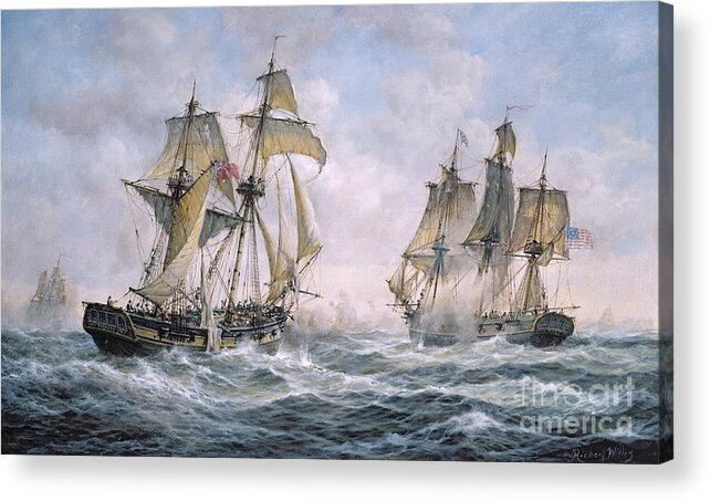 Seascape; Ships; Sail; Sailing; Ship; War; Battle; Battling; United States; Wasp; Brig Of War; Frolic; Sea; Water; Cloud; Clouds; Flag; Flags; Sloop; Action; Wave; Waves Acrylic Print featuring the painting Action Between U.S. Sloop-of-War 'Wasp' and H.M. Brig-of-War 'Frolic' by Richard Willis