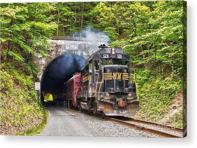Train Acrylic Print featuring the photograph Engine 501 coming through the Brush Tunnel by Jeannette Hunt
