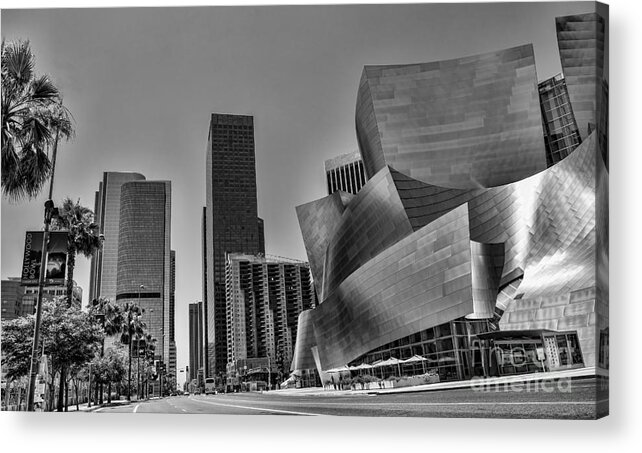 Frank Gehry Acrylic Print featuring the photograph Los Angeles Gehry Architecture Black n White by Chuck Kuhn