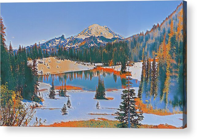 Mt. Rainier Acrylic Print featuring the digital art Tipsoo Lake by Jerry Cahill