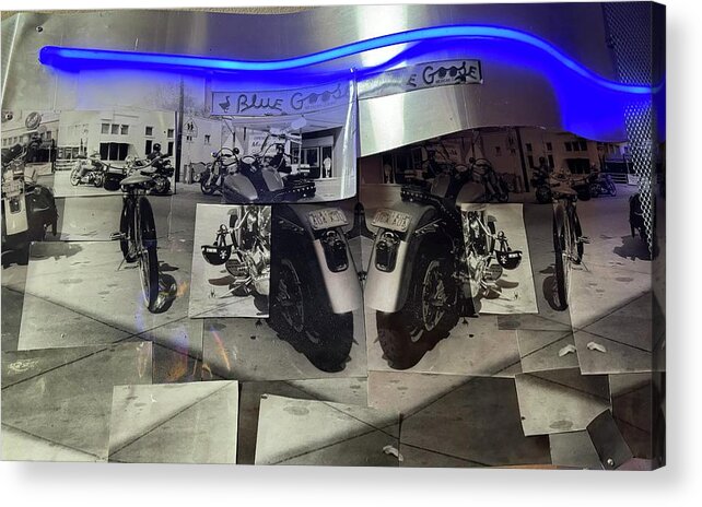 Harley Davidson Motorcycles Blue Goose Neon Photographs Black White Acrylic Print featuring the mixed media BlueGoose Greenville ave. by Kasey Jones