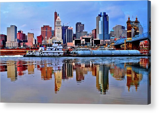 Cincinnati Acrylic Print featuring the photograph Cincinnati Barge and Reflection by Frozen in Time Fine Art Photography
