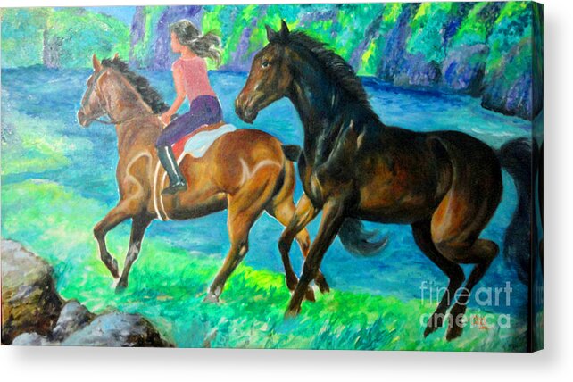 Horse Acrylic Print featuring the painting Horse Riding In Lake by Manuel Cadag