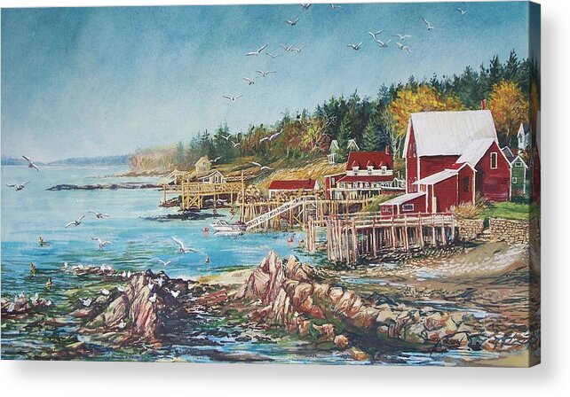  Seagulls Acrylic Print featuring the painting Across the Bridge by Joy Nichols