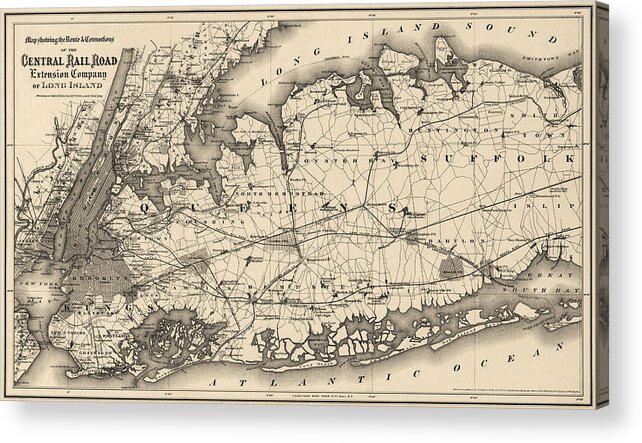Long Island Acrylic Print featuring the drawing Antique Map of Long Island and New York City - 1873 by Blue Monocle