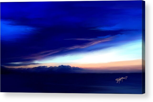 Horizon Acrylic Print featuring the digital art Blue horizon dawn over sea by Anthony Fishburne