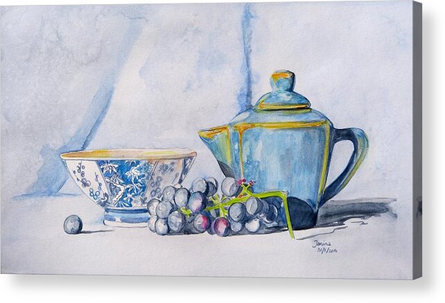 Still Life Acrylic Print featuring the painting Blue teapot by Janina Suuronen