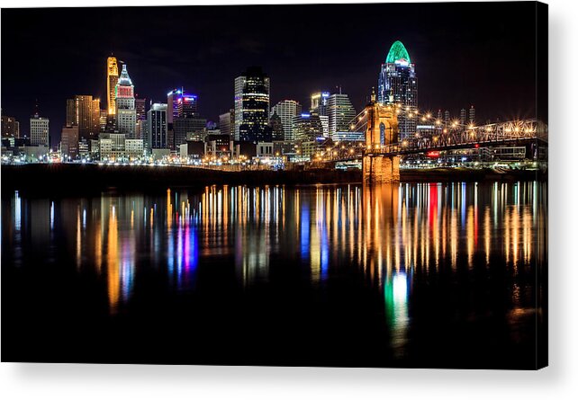 Cincinnati Acrylic Print featuring the photograph Cincinnati Skyline in Christmas colors by Keith Allen